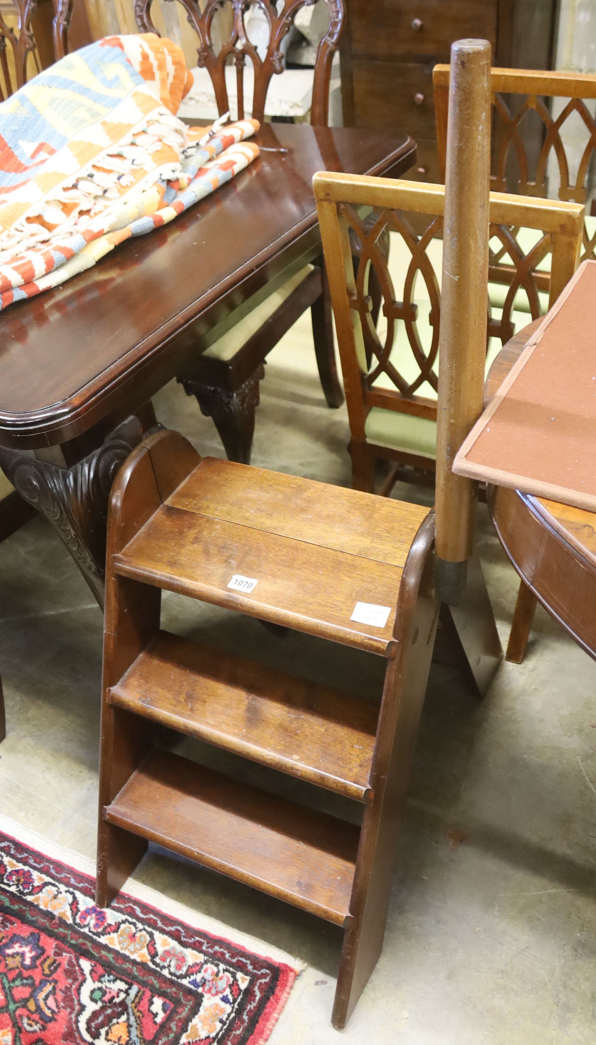 A set of Victorian style mahogany three tread folding library steps, width 42cm, height 114cm